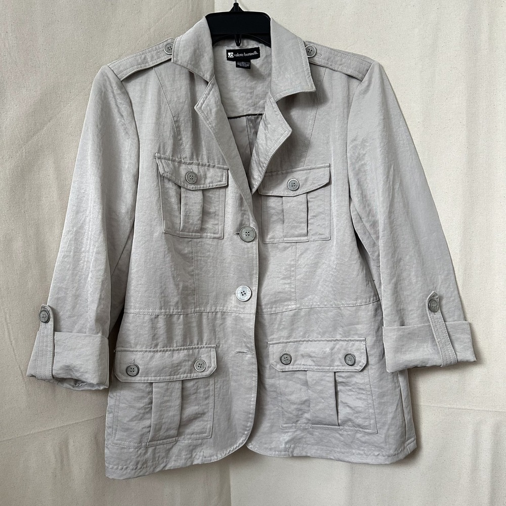 Valerie Bertinelli Women Khaki Utility Jacket M Buttons Roll Tab L/S Safari READ